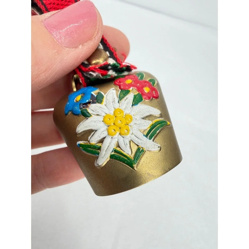 Switzerland Cow Bell w/ Decorated Strap Hand Painted Floral Edelweiss Swiss SM